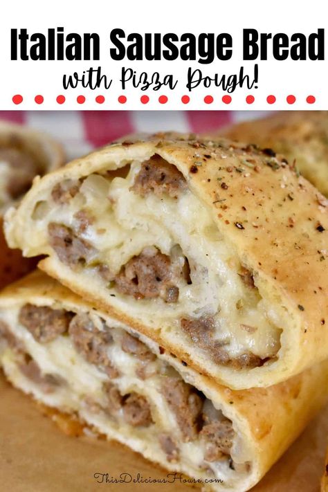 Italian Sausage Bread is a cheesy and delicious recipe using pizza dough rolled up with mozzarella cheese and Italian sausage. This is a simple recipe that's great for any occasion! Sausage Bread Recipe With Pizza Dough, Cheesy Sausage Bread, Sausage Rolls Recipe With Pizza Dough, Pizza Sausage Recipe, Sausage Bread With Pizza Dough, Italian Sausage Bread, Sausage Stromboli Recipe, Sausage Cheese Bread, Sausage Stromboli