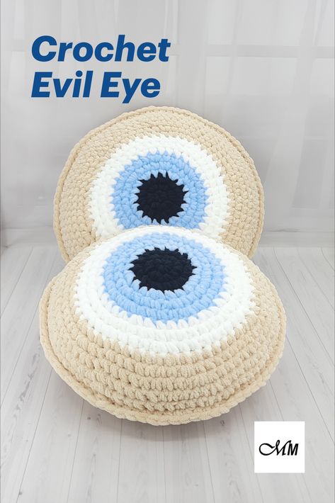 Light Beige Evil Eye Pillow, Crochet Decorative Pillow, Evil Eye Cushion Circle Pillow Pattern, Crochet Circle Pillow, Evil Eye Crochet, Evil Eye Pillow, Eye Crochet, Circle Pillow, Round Evil Eye, Crochet Circle, Pillow Crochet