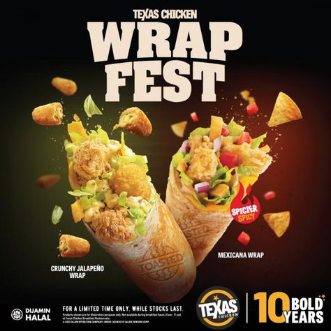 Texas Chicken Wrap Fest: Crunchy Jalapeno Wrap and Mexicana Wrap Mexican Wraps, Texas Chicken, Crispy Chicken Wraps, Chicken Store, Facebook Ideas, Fast Chicken Recipes, Beverage Poster, Chicken Breakfast, Chicken Wrap