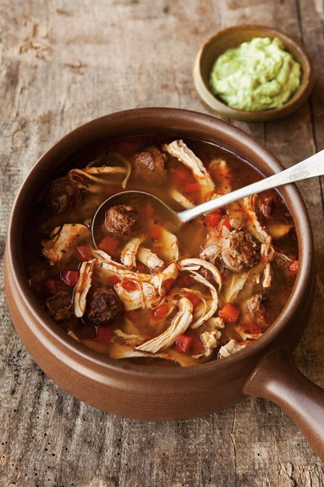 Chorizo and Chicken Soup Recipe | Williams Sonoma Taste Avocado Crema Recipe, Chorizo Soup Recipes, Best Avocado Recipes, Comfort Soups, Chorizo Soup, Chicken And Chorizo, Crema Recipe, Avocado Creme, 2023 Recipes