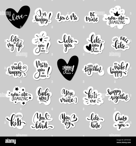 Download this stock vector: Valentine day hand lettering sticker set with romantic phrases - 2ATHCND from Alamy's library of millions of high resolution stock photos, illustrations and vectors. Barbie Stickers Printable, Library Artwork, Barbie Stickers, Valentine Font, Positivity Stickers, Printable Sticker Sheets, Scrapbook Quotes, Scrapbook Printing