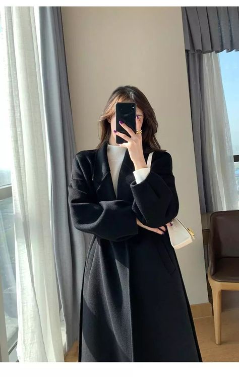 Black Coat Korean Outfit, Black Pea Coat Outfit, Black Coat Outfit Winter, Black Coat Outfit, Long Coat Outfit, Women's Sash, Black Coats, Outfit Korean Style, Black Wardrobe