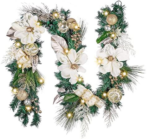 Christmas Railing, Christmas Decor Shop, Pre Lit Christmas Garland, Christmas Garland With Lights, House Christmas Decor, Silver Gold Christmas, White Christmas Decor Ideas, Fireplace Table, Garland With Lights