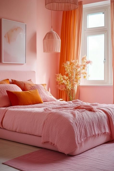 Pink And Orange Bedroom, Orange Kids Rooms, Orange Bedroom Ideas, Bedroom Moody, Monochromatic Bedroom, Pink Bedroom Walls, Apartment Bedroom Ideas, Baddie Apartment, Pink Bedroom Ideas