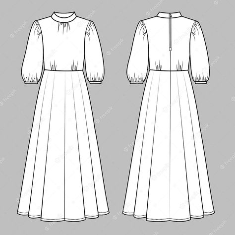 Premium Vector | Dress front and back view. dress fashion flat sketch template. Dress Outline Template, Clothing Sketches Dresses, Long Dress Sketch, Dress Fashion Sketch, Flat Sketch Template, Clothes Sketch, Sketch Dress, Dress Outline, Fashion Flat Sketch