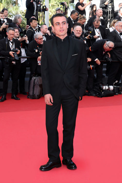 Julien De Saint Jean wore a black wool shawl collar tuxedo, a black cotton wing-tip collar shirt, a black silk bow tie and black leather Carlo derbies, all by Kim Jones, on the red carpet of the 2024 Cannes Film Festival. Shawl Collar Tuxedo, Dior Men, Kim Jones, Silk Bow Ties, Silk Bow, Wool Shawl, On The Red Carpet, Cannes Film Festival, Collar Shirt