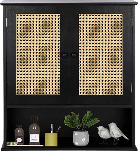 Black Medicine Cabinet, Rattan Storage Cabinet, Over Toilet Storage, Bamboo Cabinets, Bathroom Wall Cabinet, Medicine Cabinet Organization, Wall Mounted Bathroom Storage, Black Rattan, Organizing Bathroom Cabinets