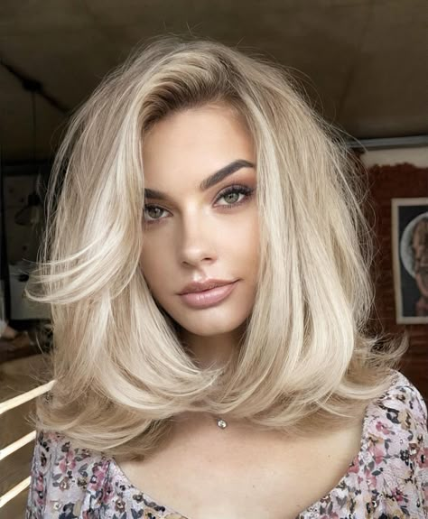 Thick Lob with Long Feathered Bangs Sand Blonde Hair, Side Part Haircut, Blonde Hair And Blue Eyes, Feathered Hair, Bob Cuts, Blonde Haircuts, Feathered Hairstyles, Medium Hair Cuts, Long Bob