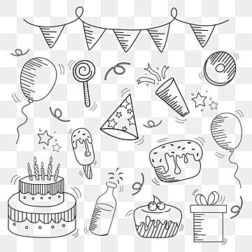 Party Doodles, Drawing Party, Party Drawing, Banner Doodle, Birthday Drawing, Birthday Doodle, Party Wall Decorations, Doodle Png, Party Frame