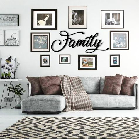 PRICES MAY VARY. Family Metal Wall Decor: Family sign wall decor is designed with the vintage but active glyph design of Family, which is comfortable and homespun, adding a cosy atmosphere to your home.Not only can be used as a beautiful hanging decoration, but also can bring joy by creating an elegant and special atmosphere Metal Family Sign Wall Decor: The letters for wall decor are made of high-quality cold-rolled steel, smooth and lightweight, can decorate your room for a long time. Each pie Family Wall Letters, Picture Decor Ideas Living Room, Picture Wall Ideas For Hallway, Diy Picture Wall Ideas Living Room, How To Decorate A Wall With Pictures, Photo Wall Home Decor, Wall Family Picture Ideas, Family Photo Wall Ideas Living Rooms Layout Picture Arrangements, Mixtiles Photo Wall Living Room