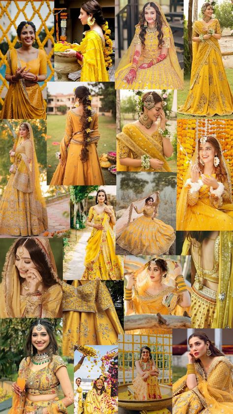 Yellow Aesthetic Dress Indian, Yellow Aesthetic Celebrity, Yellow Desi Aesthetic, Yellow Indian Wedding Dress, Yellow Wedding Lehenga, Yellow Room Aesthetic, Aesthetic Lehenga, Haldi Look For Bride, Haldi Dress Ideas