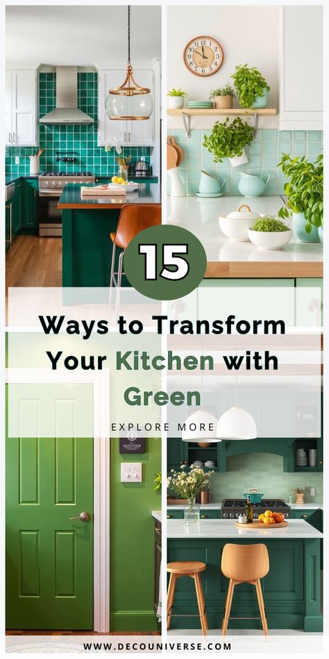 Transform your kitchen with green hues! Discover 15 ideas that bring life, style, and a fresh look to your home. Green Kitchen Decor Ideas, Beautiful Kitchen Ideas, Green Kitchen Ideas, Blue Green Kitchen, Light Green Kitchen, Green Kitchen Accessories, Green Kitchen Decor, Dining Room Curtains, Countertop Appliances