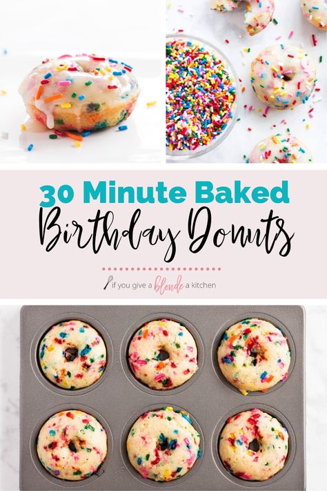 Donut Tin Recipes, Baked Donuts Without Donut Pan, Baked Donut Recipes With Donut Pan, Birthday Donuts Ideas, Baked Donuts With Donut Pan, Donut Recipe Baked, Healthy Donut Recipe, Birthday Muffins, Funfetti Sprinkles