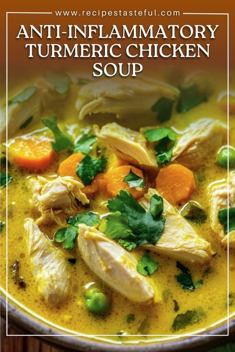 This nourishing Anti-Inflammatory Turmeric Chicken Soup is packed with vibrant flavors and healthy ingredients. Featuring tender chicken, fresh vegetables, and aromatic spices, it’s perfect for a comforting meal. The addition of turmeric, ginger, and coconut milk not only enhances the taste but also provides anti-inflammatory benefits. Serve hot with a sprinkle of fresh cilantro and a squeeze of lemon for a zesty finish! Detox Southwest Soup, Nourishing Chicken Soup, Lemon Ginger Turmeric Chicken And Rice Soup, Chicken Soup With Ginger And Turmeric, Soup For Healing, Anti Inflammation Chicken Soup, Tumeric Soup Recipe, Chicken Turmeric Soup, Tumeric Chicken Soup Recipe