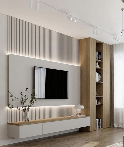 Living Room Wall Slats, Reception Sofa Design, Living Room With No Tv, Wall Unit Decor Ideas, Living Room Minimalist Modern, Tv Wall Ideas Living Room, Tv Wall Design Ideas, White Tv Unit, Ruang Tv