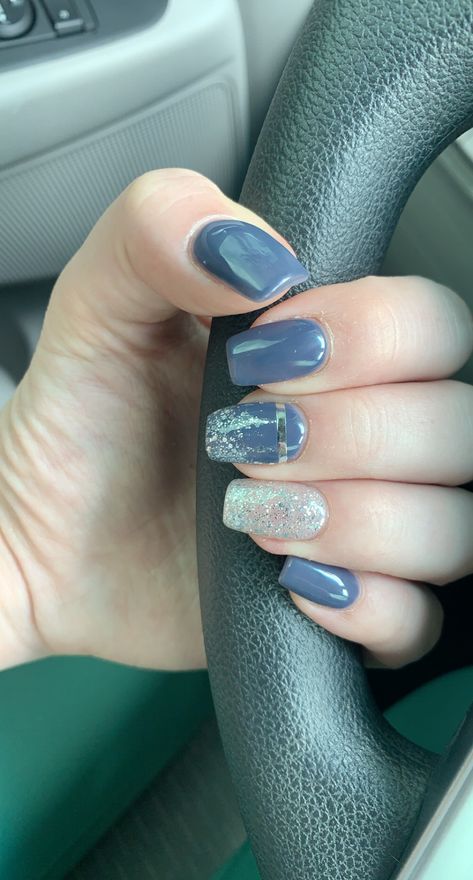 Steel Blue Nails Design, Bluish Grey Nails, Smokey Blue Nails, Bluish Gray Nails, Bluish Nails, Nail Design Silver, Blue Prom Nails, Grad 2023, Gray Nail