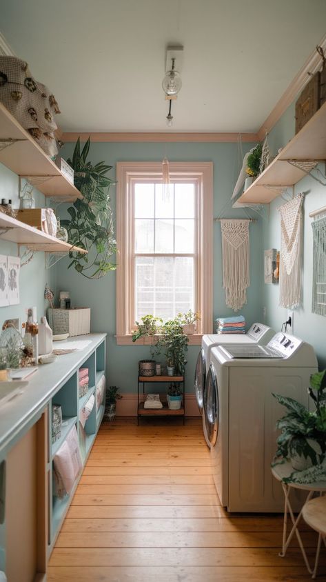 Elevate your laundry room with these 21 stunning aesthetic ideas! From minimalist shelving to pastel color palettes, transform your space into a serene and functional haven. Perfect for organizing, decorating, and adding style to your laundry routine. Pale Blue Laundry Room, Pastel Laundry Room, Colorful Laundry Room, Laundry Aesthetic, Blue Laundry Room, Minimalist Shelving, Laundry Room Colors, Blue Laundry Rooms, Stunning Aesthetic