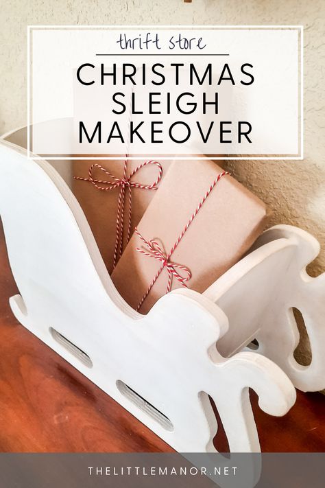 An outdated thrift store find gets transformed into a gorgeous statement piece in this DIY Christmas sleigh makeover! How To Decorate A Christmas Sleigh, Sleigh Decorating Ideas Diy, Diy Christmas Sleigh Decor, Xmas Sleigh Ideas, Repurposed Sleigh Bed Ideas, Mini Sleigh Decorating Ideas, Wood Sleigh Diy Christmas Crafts, Christmas Sleigh Diy, Diy Sleigh Decoration