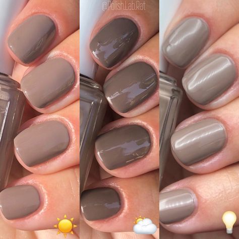 @essie - Easily Suede - Fall 2019 Sweater Weather Collection. This is a warm grey with taupe undertones as described in the Essie website,… Brown Grey Nails, Grey Brown Nails, Grey Manicure, Taupe Nails, Autumn 23, Makeup Finds, Grey Nail Polish, Brown Nail Polish, Brown Nail