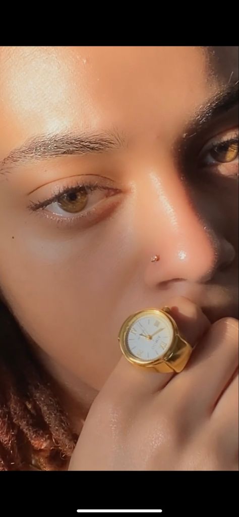 Golden Nose Piercing, Gold Nose Ring Aesthetic, Gold Nose Stud Aesthetic, Desi Nose Piercing Aesthetic, Golden Nose Ring, Nostril Piercing Black Woman, Nose Piercing Brown Girl, Watch Ring, Brown Girl