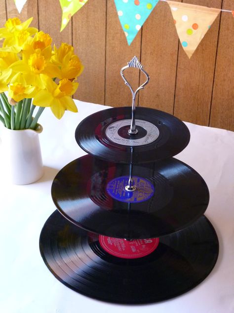 Record cake stand Wedding Party Cake Stand by WhenTheMusicsOver Vinyl Record Cake, Record Cake Stand, Record Cake, Acrylic Cake Stand, Steampunk Party, Music Themed Parties, Music Themed Wedding, 3 Tier Cake Stand, Cake And Cupcake Stand