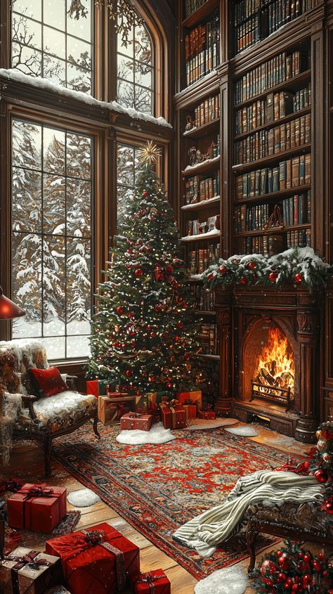 🎄 Cozy up in this enchanting Christmas library! Imagine the warmth of the crackling fire 🔥 against the backdrop of snow-kissed windows. The vibrant red and green hues of the decor bring festive cheer to every corner. Perfect for cuddling up with a good book or wrapping gifts. 🎁✨ #christmas #cozy #library #winter #fireplace #festive #holiday #decor #snow #hygge #peace Cozy Library Wallpaper, Christmas Library Wallpaper, Holiday Vibes Christmas, Cozy Christmas Reading, Christmas Library Aesthetic, Christmas And Books Aesthetic, Winter Library Aesthetic, Cozy Christmas Book Aesthetic, Christmas Book Background