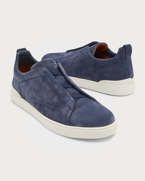 ZEGNA Men's Triple Stitch Suede Low Top Slip-On Sneakers | Neiman Marcus Zegna Men, Suede Sneakers, Suede Shoes, Slip On Sneakers, Neiman Marcus, Night Out, Slip On, Tops Designs, Sneakers