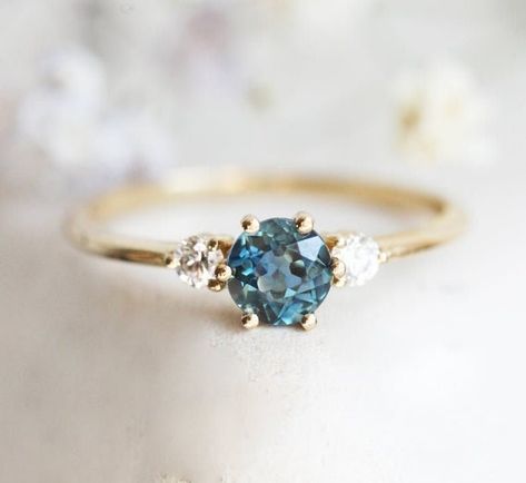 Montana Blue Sapphire Ring / 14K Yellow Gold Ring / Three - Etsy Round Blue Sapphire Ring, Three Diamond Ring, Engagement Ring Sapphire, Blue Sapphire Diamond Ring, Diamond Sapphire Engagement Ring, Sapphire Diamond Engagement, Round Moissanite Engagement Ring, Three Stone Engagement Ring, Ring Sapphire