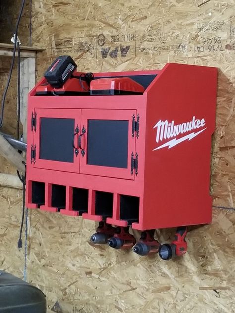 Milwaukee Storage Ideas, Woodshop Storage Ideas, Milwaukee Garage Storage, Milwaukee Tool Storage Ideas, Milwaukee Wall Storage, Milwaukee Tool Organization, Milwaukee Tools Storage, Milwaukee Tool Storage, Milwaukee Garage