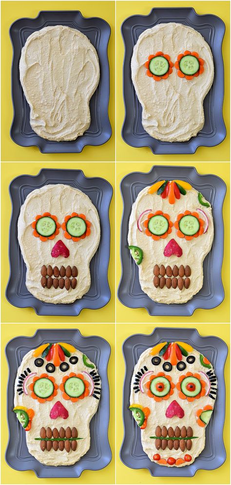 This healthy appetizer idea of Dia de los Muertos Hummus Dip is dressed to impress your guests for your next Halloween party! Halloween Hummus Ideas, Halloween Hummus Platter, Day Of The Dead Appetizers, Dia De Los Muertos Food Ideas, Hummus Halloween, Halloween Hummus, Halloween Potluck Ideas For Work, Appetizers Halloween, Halloween Dip