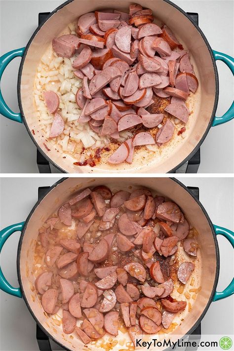 Bacon, kielbasa sausage, ground beef, baked beans, potatoes, and corn combine to make the most delicious cowboy stew recipe! This family favorite one-pot recipe is made on the stove top or in the Crockpot with minimal effort. #CowboyStew #CowboySoup #EasyCowboyStew #CowboyStewRecipe #TexasCowboyStew KeyToMyLime.com Cowboy Stew Recipe Ground Beef Easy, Cowboy Beans With Smoked Sausage, Cowboy Stew With Smoked Sausage, Smoked Sausage Cowboy Beans Recipe, Slow Cooker Steakhouse Cowboy Baked Beans, Cowboy Stew, Cowboy Steak, Kielbasa Sausage, Bean Stew