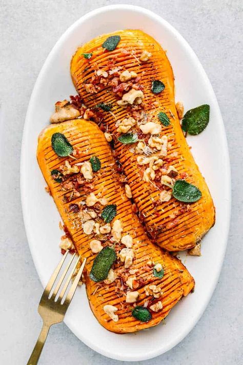 Brown Butter Squash, Hasselback Butternut Squash, Butter Squash, Butternut Squash Bacon, Butternut Squash Sage, Sage Brown Butter, Brown Butter Sage, Sage And Rosemary, Thanksgiving Dinners