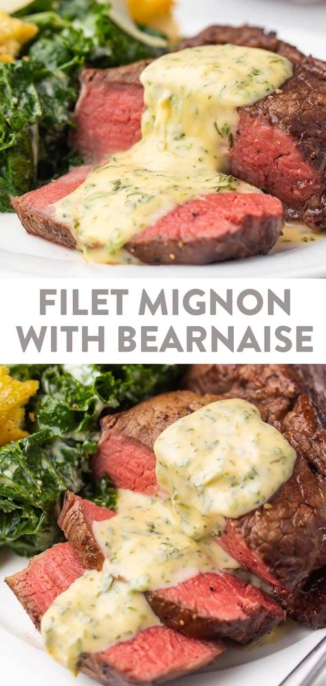 This filet mignon is absolutely perfect: medium rare and totally tender, smothered in a rich, buttery bearnaise sauce. The techniques to make the steak and the bearnaise both are so simple, it makes date night or Valentine's Day a cinch but will knock your guest off their feet. #steak #filetmignon #sauce #valentinesday #datenight Bearnaise Sauce Recipe, Filet Mignon Sauce, Perfect Filet Mignon, Bernaise Sauce, Béarnaise Sauce, Recipe Sauce, Mignon Steak, Filet Mignon Recipes, Filet Mignon Steak