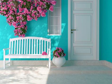 5 Tips to Spruce Up a Front Porch - Turn your run down porch into a beautiful, welcoming entry way with loads of curb appeal with these 5 easy and cheap Tips to Spruce Up a Front Porch! Easy DIY ideas for the porch Interior Design Per La Casa, Front Door Colors, White Doors, Door Color, Blue House, Porch Swing, Exterior Colors, Exterior Paint, House Painting