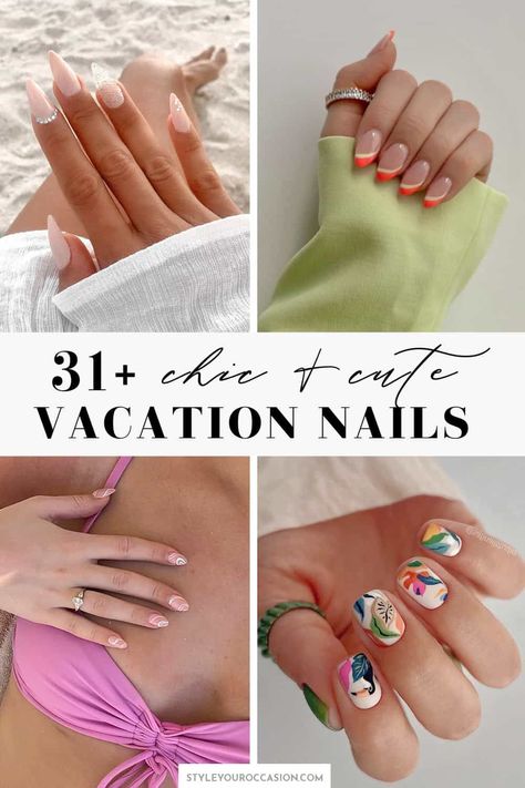 Looking for cute Vacation nails and design ideas? You’ll love this list of modern, chic ideas including tropical nails (Mexico trip!), beach nails, and other elegant nails. There’s also Disney nails, and ideas for a winter getaway too! With a variety of styles including coffin, almond shape, square, short long, acrylic, gel, and natural nails, this list has it all! Whether you want simple white nails or fun pink or blue, you’ll love this list for 2023! Nail Art Designs Extensions, Elegant Nails For Vacation, Nail For Vacation Beach, Cute Beach Nails Square, Almond Nails Vacation Designs, Tropical Holiday Nails Summer, Beach Vacation Acrylic Nails, Acrylic Nail Designs For Mexico, Acrylic Nail Designs Vacation