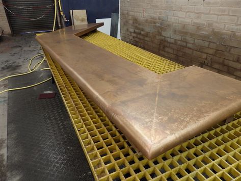 Brass Countertop, Copper Bar Top, Bar Tops, Corner Bar, Brass Corners, Copper Bar, Aged Copper, Basement Bar, Basement Renovations