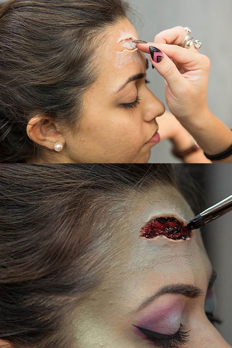 Wow this Halloween makeup is amazing! Liquid Latex Makeup, Halloween Zombie Makeup, Wound Makeup, Halloween Maquillaje, Halloween Fx, Zombie Cheerleader, Strašidelný Halloween, Holloween Costumes, Zombie Halloween Makeup