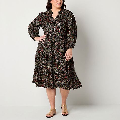 Jessica Howard Plus Long Sleeve Floral Midi Fit + Flare Dress, Color: Black Multi - JCPenney Jessica Howard, Autumn 2024, Fit Flare Dress, Out Of Style, Fit & Flare, Flare Dress, Women Long Sleeve, Collage, Long Sleeve