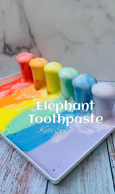 Rainbow Elephant Toothpaste STEM Kids Science Experiment Elephant Toothpaste Experiment, Learning Chemistry, Rainbow Lessons, Science Diy, Toddler Stem, Rainbow Experiment, Science Experiments Kids Elementary, Rainbow Elephant, Elephant Toothpaste