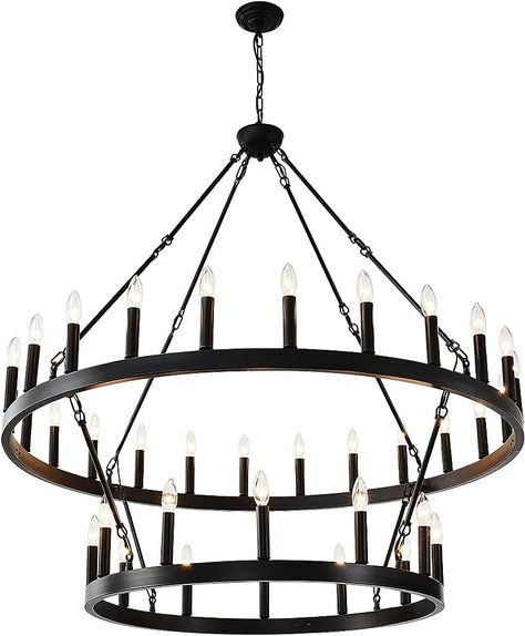 Yikrfiae Black Wagon Wheel Chandelier 2 Tier 54-Lights 60 Inch Extra Large Farmhouse Pendant Light Fixture, Round Rustic Hanging Lighting for Dining Room Kitchen Island Foyer Entryway - - Amazon.com Black Wagon Wheel Chandelier, Home Interior Lighting, Lighting For Dining Room, Large Farmhouse, Farmhouse Light, Hanging Lighting, Wheel Chandelier, Farmhouse Light Fixtures, Farmhouse Pendant Lighting