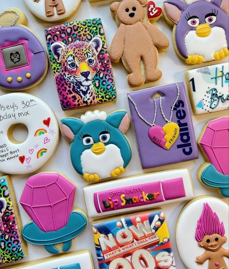 90s Themed Cookies Decorated, 90s Birthday Cupcakes, 90’s Theme Birthday Party, 90s Birthday Party Theme Kids, 90s Sugar Cookies, 90s Theme Cookies, 90s 30th Birthday Party Theme, Y2k Cookies, 90s Birthday Party Ideas