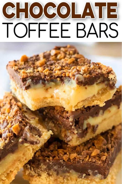 BEST CHOCOLATE TOFFEE BARS Triple Layer Bars Eagle Brand, Toffee Squares Recipe, Shortbread Toffee Bars, Toffee Dessert Recipes, Toffee Desserts, Toffee Chocolate Bars, Toffee Bar, Toffee Dessert, Chocolate Toffee Bars