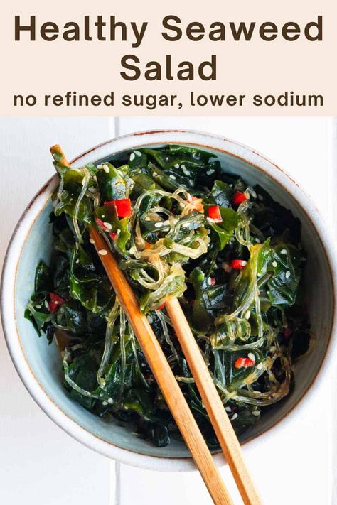 Wakame Seaweed Salad - Cooking For Peanuts Nutritious Vegan Meals, Alkaline Salads, Peanuts Recipes, Clean Eating Plant Based, Seaweed Recipes, Salad Supreme, Iodine Rich Foods, Asian Salads, Seaweed Snack