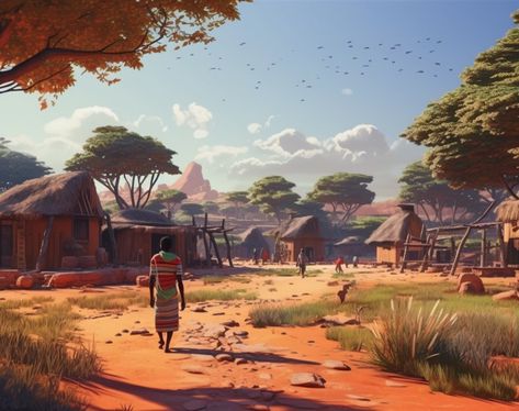 African Village Fantasy Art, Fantasy Savannah Landscape, African Village Illustration, Nairobi Aesthetic, Village Concept Art, Maasai Culture, Village Drawing, African Village, Afrofuturism Art