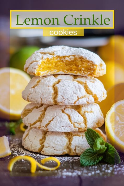 Close-up of fresh lemon crinkle cookies with a dusting of powdered sugar, showing cracks and golden edges. Meyer Lemon Cookies Recipes, Lemon Kiss Cookies, Lemon Cooler Cookies, Lemon Crinkle Cookies Recipe, Lemon Butter Cookies Recipe, Sunshine Cookies, Lemon Cookies Easy, Crinkle Cookies Recipe, Lemon Crinkle Cookies