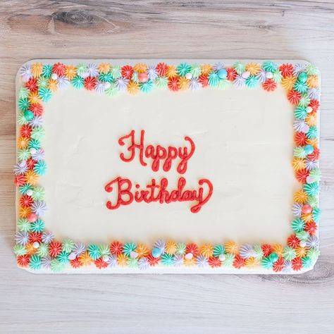 Simple but playful, this colorful gluten-free sheet cake is fun and simple. And delicious! Easy Birthday Sheet Cake Decorating, Cute Sheet Cakes Birthday, Polka Dot Sheet Cake, Happy Birthday Sheet Cakes For Women, Half And Half Sheet Cake, Easy Sheet Cake Decorating Ideas Simple, Simple Cake Borders, Easy Cake Borders, Sheet Pan Cake Decorating Ideas