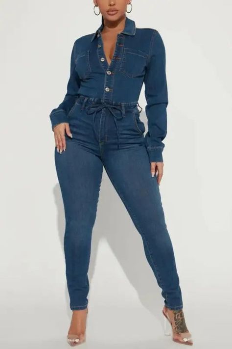 Long Sleeve Denim Jumpsuit, Denim Style Casual, Jumpsuit Fitted, Collar Jumpsuit, Designer Jumpsuits, Denim Patterns, Long Jumpsuits, Denim Patchwork, Turndown Collar