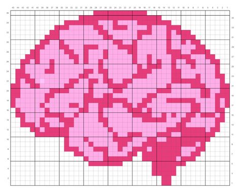 Biology Pixel Art, Brain Pixel Art, Brain Crochet Pattern, Brain Crochet, Brain Cross Stitch, Crochet Tapestries, Anatomical Brain, Graph Crochet, Pixel Art Tutorial