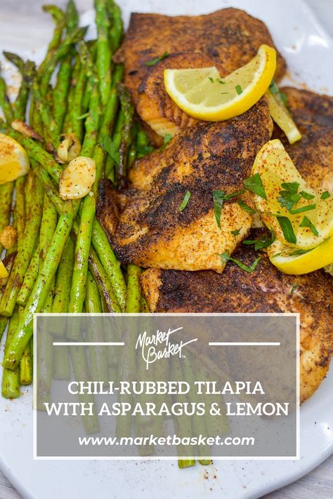 Learn how to make our Chili-Rubbed Tilapia with Asparagus & Lemon! Tilapia Asparagus Recipes, Lemon Asparagus, Asparagus Recipes, Steamer Basket, Market Basket, Nonstick Skillet, Market Baskets, Asparagus Recipe, Chili Powder