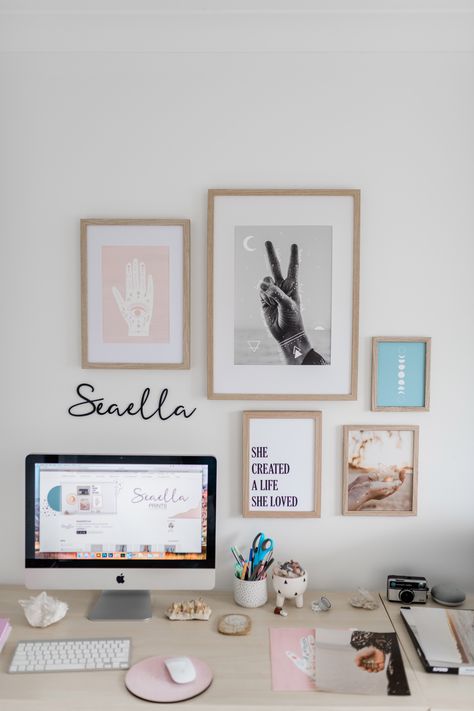 Office Picture Wall Ideas, Above Desk Gallery Wall, Wall Art Above Desk, Office Collage Wall, Above Desk Wall Decor, Desk Gallery Wall, Office Picture Wall, Desk Photo Display, Home Office Gallery Wall